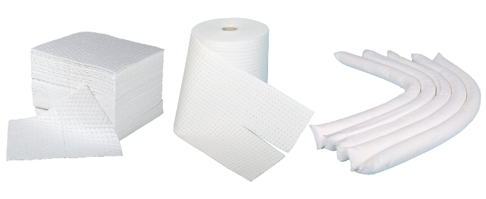 Oil and fuel absorbent pads, rolls and socks