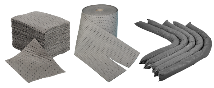 General purpose absorbent pads, rolls and socks